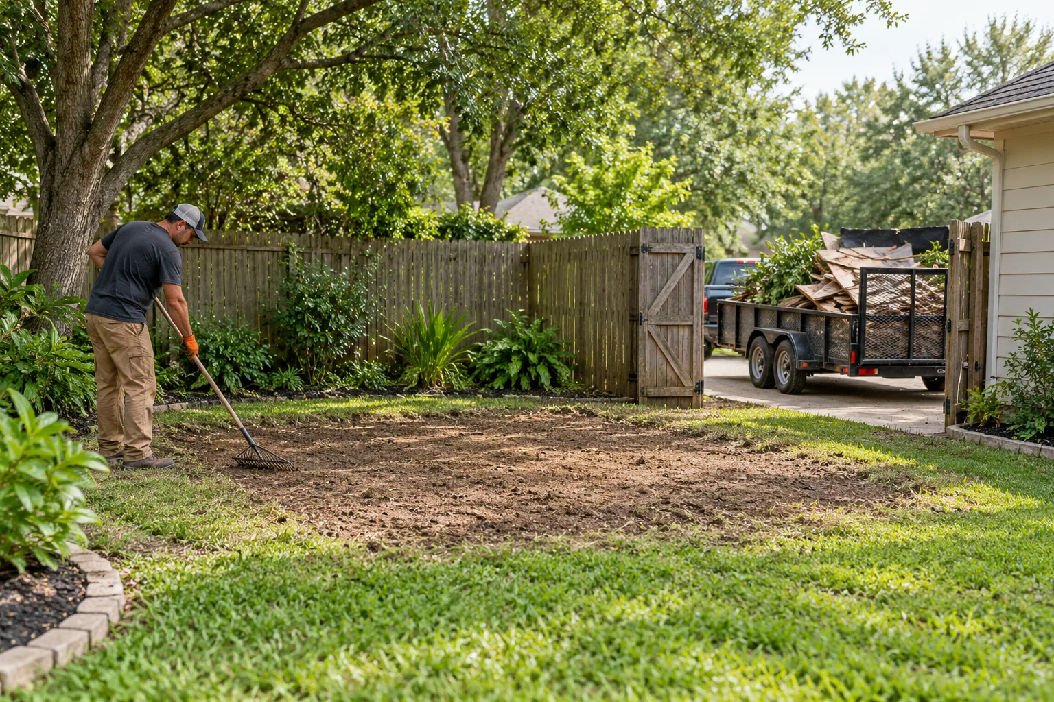 Worker raking a cleared shed footprint beside a loaded trailer