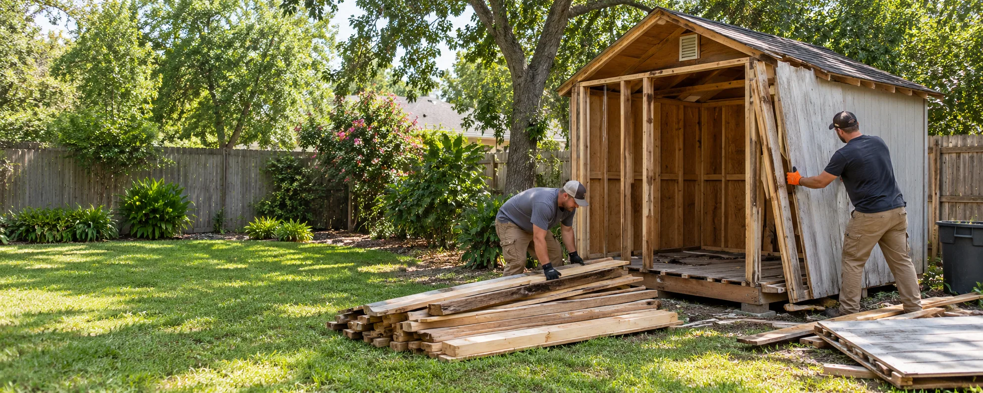 Workers carefully dismantling a wooden backyard shed