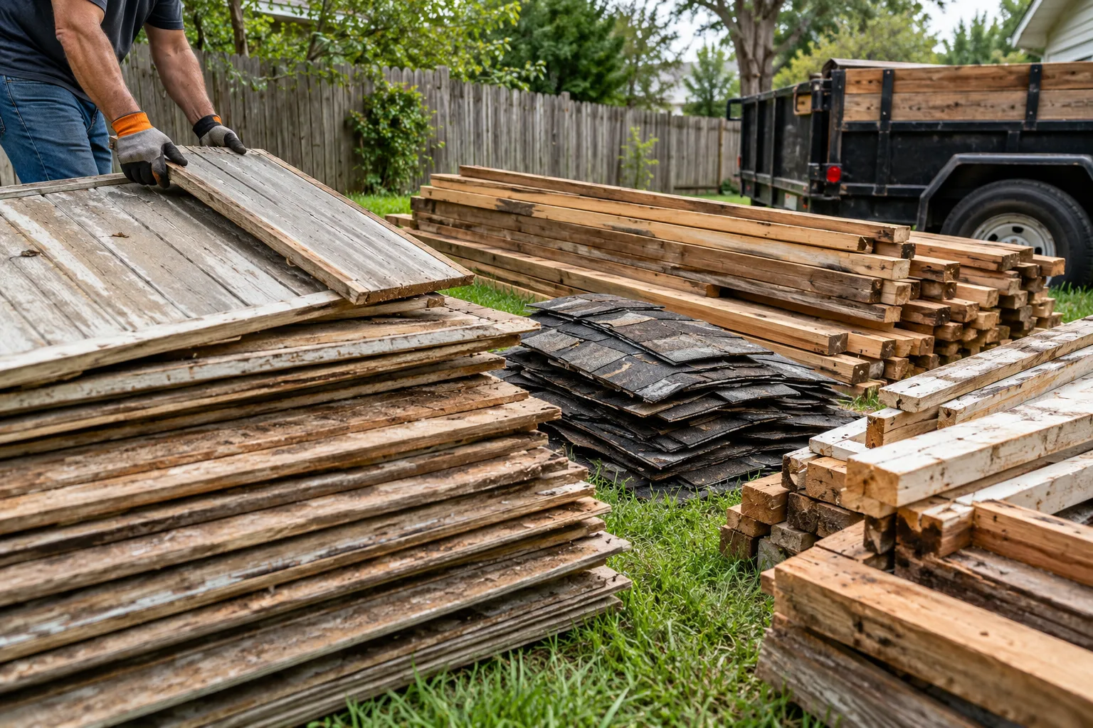 Wood shed panels and framing sorted for hauling